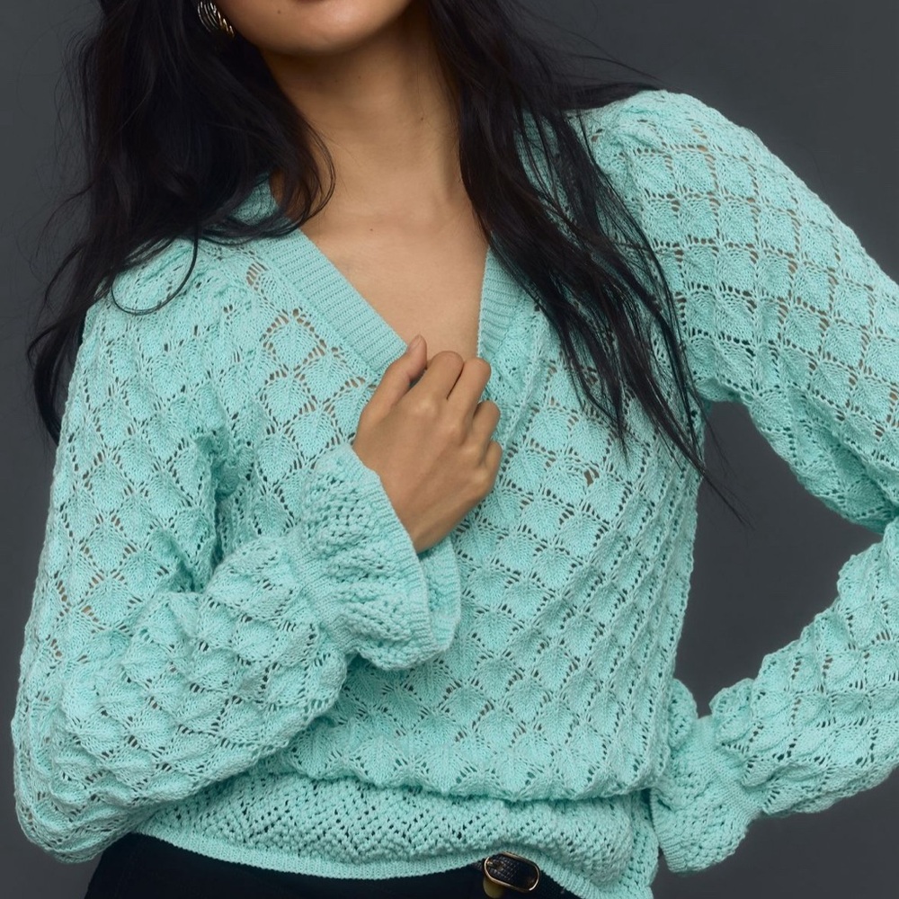 By Anthropologie Flounce-Hem Pointelle Sweater Small NWT